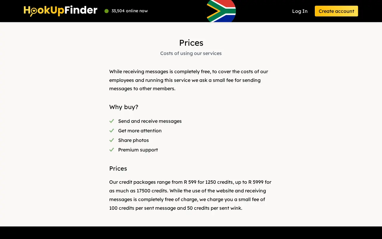 HookUpFinder prices page with credit packs in rand