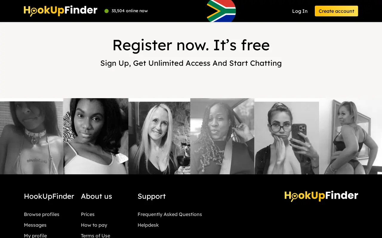 HookUpFinder home page, free sign up and member profiles