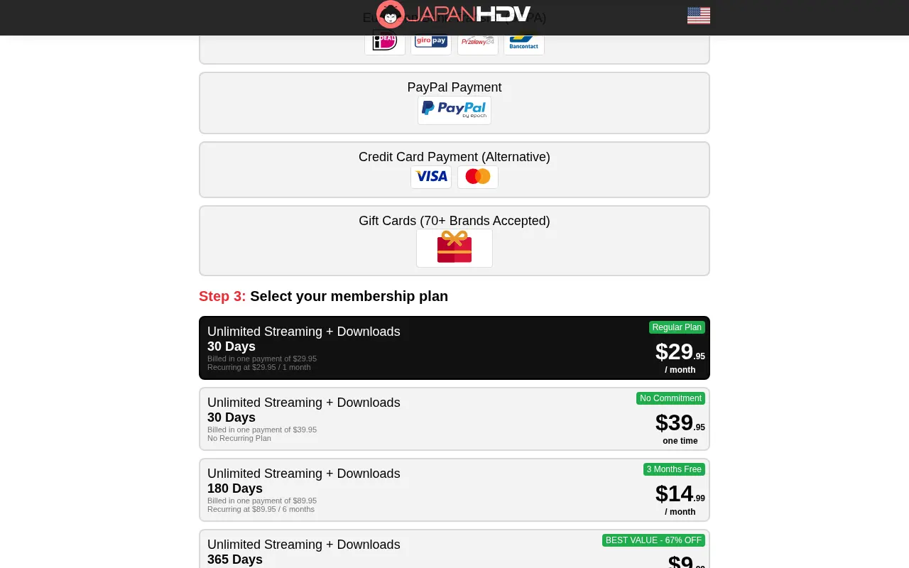 The join page: the accepted payment methods, then the four durations and what each really costs.