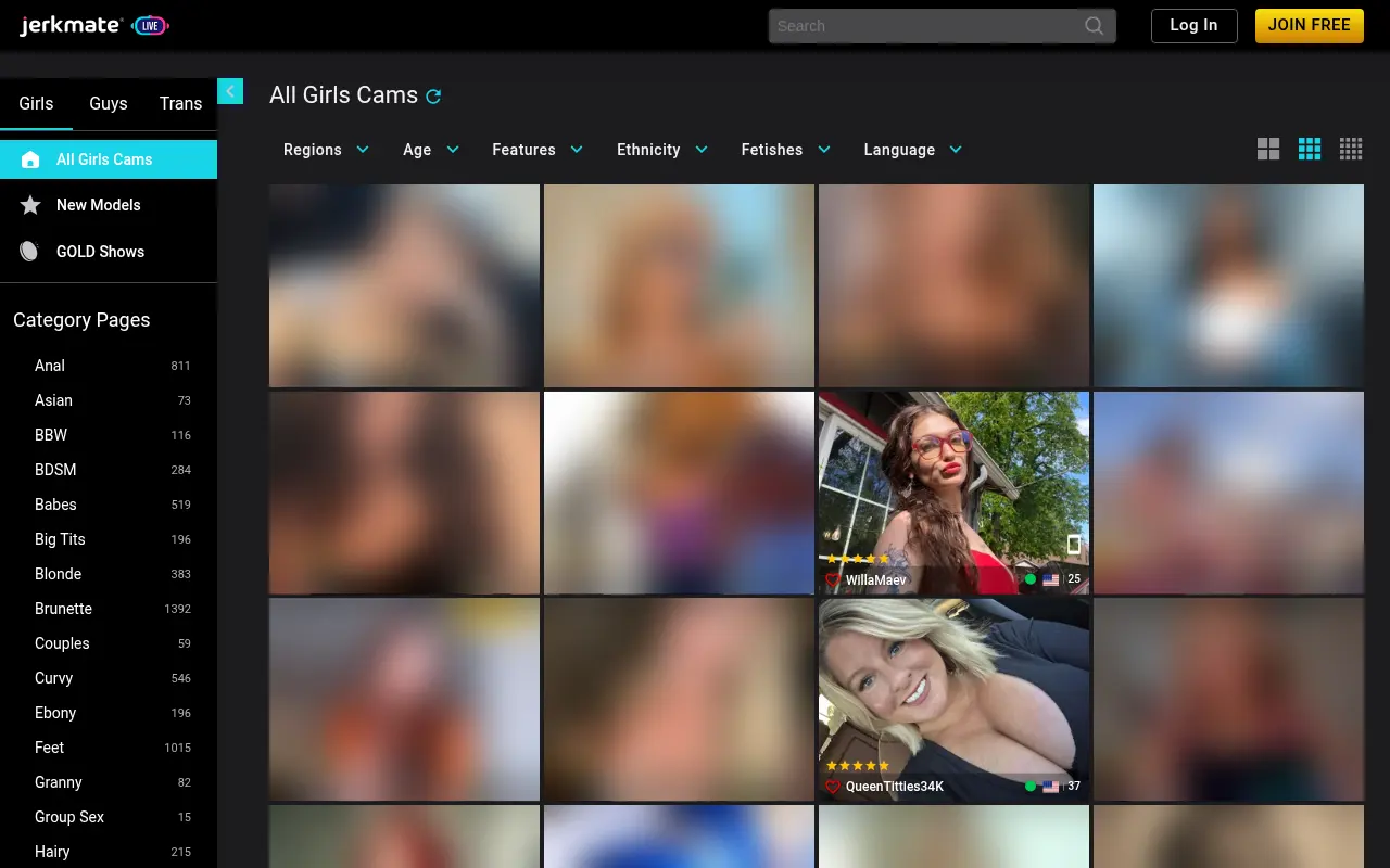Grid of live rooms on JerkmateLive