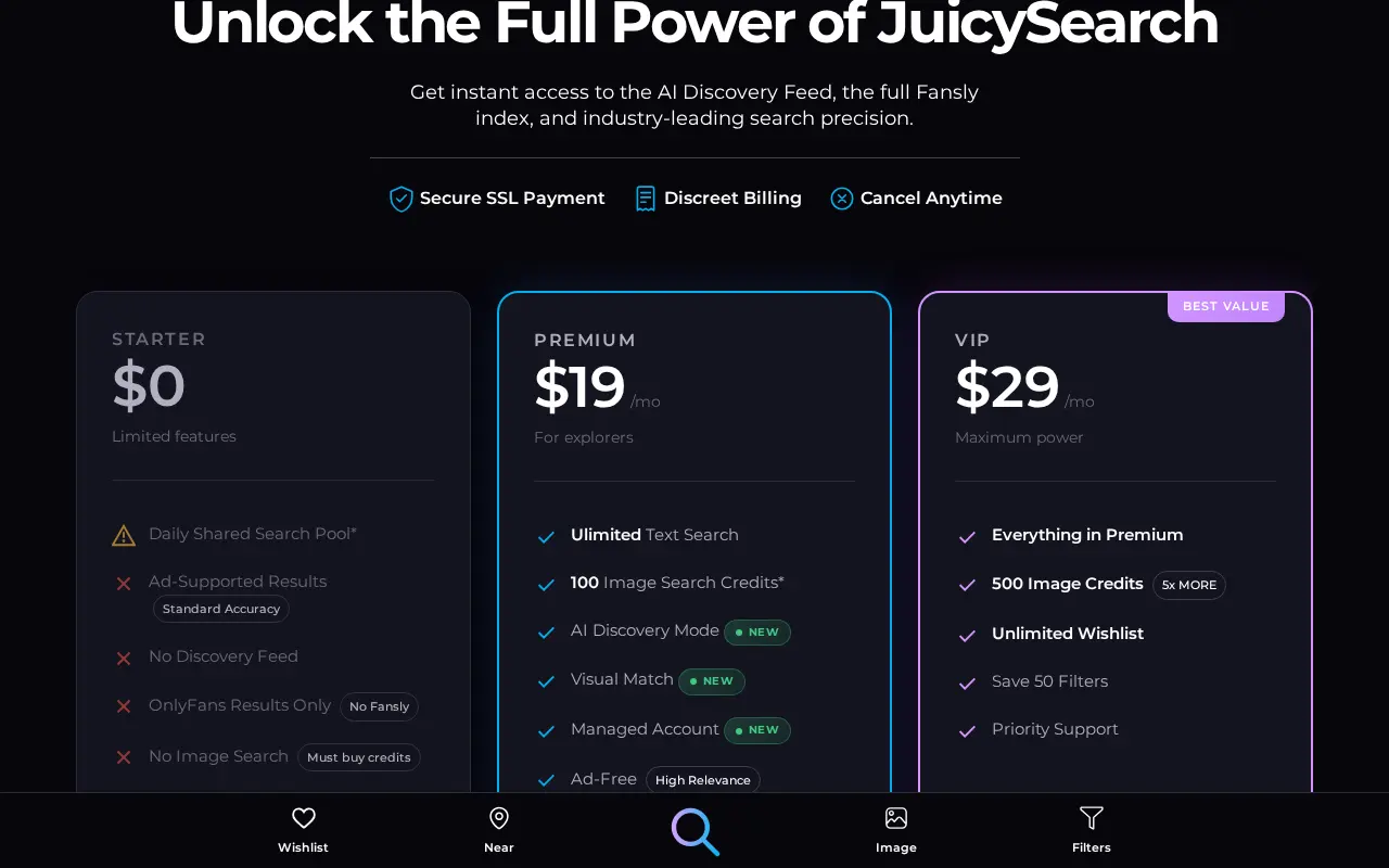 JuicySearch's three plans, Starter, Premium and VIP