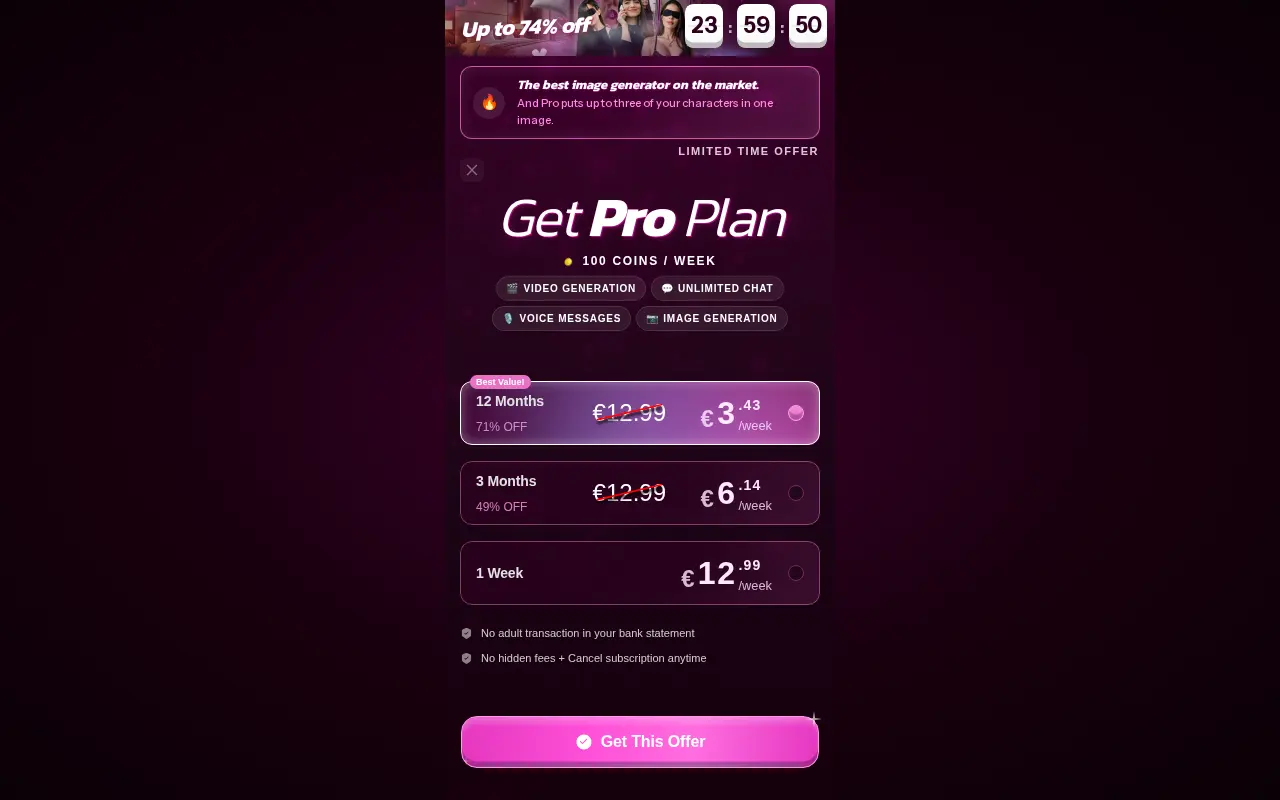 The subscription page shows a weekly price for three terms, under a countdown that restarts every day.