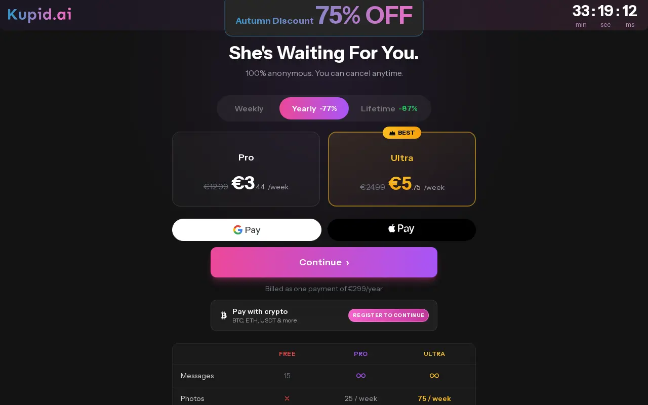 Kupid.ai's Pro and Ultra plans with their weekly allowances