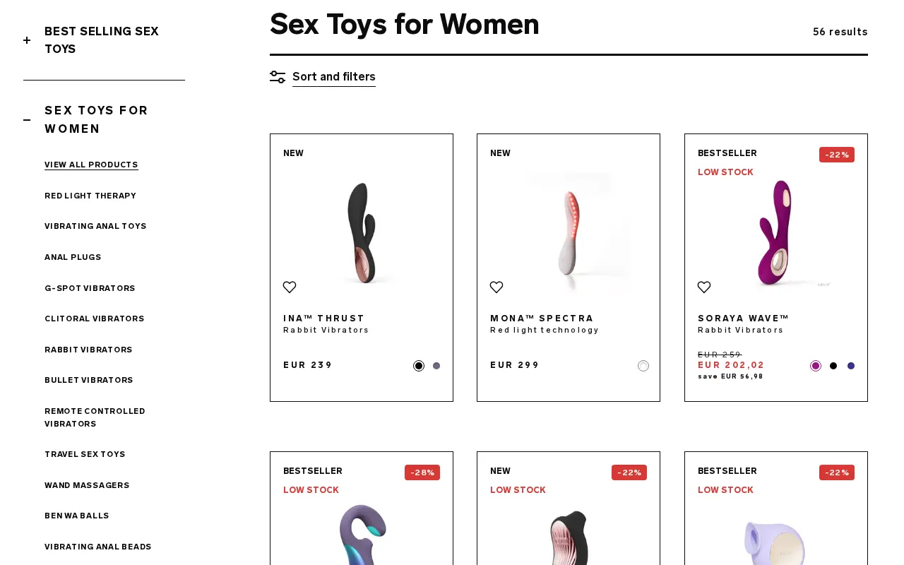 LELO's women's aisle, 56 models with the current discount on each tile
