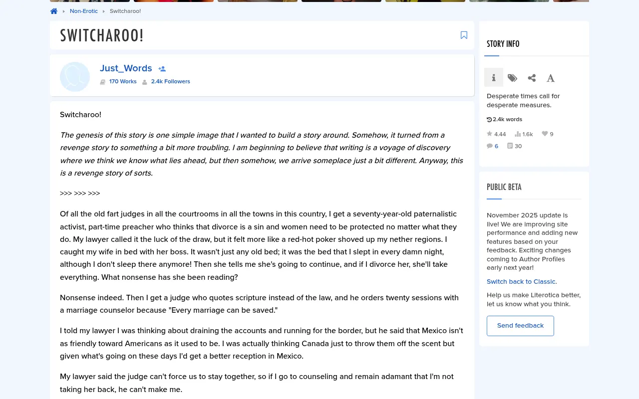 A story open on Literotica, with its rating, views and length