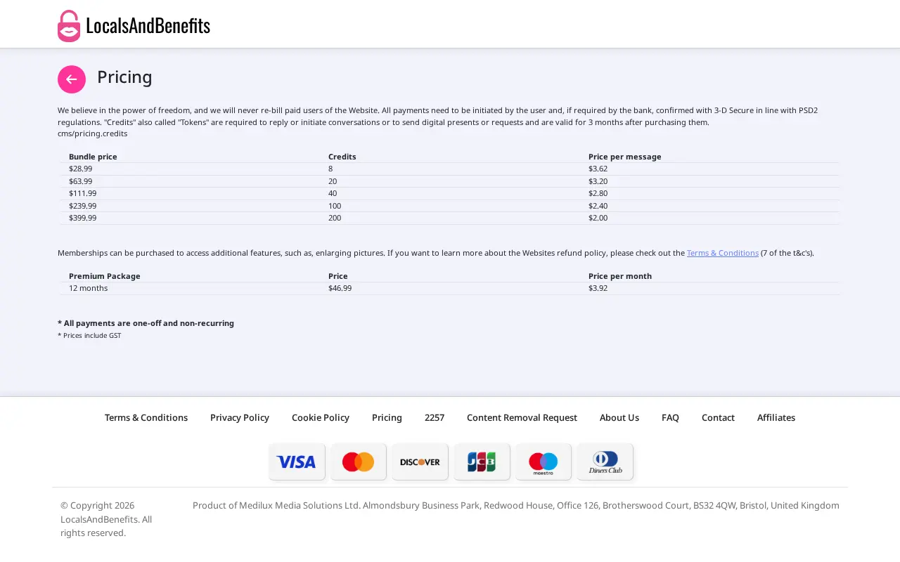 LocalsAndBenefits credit pricing table