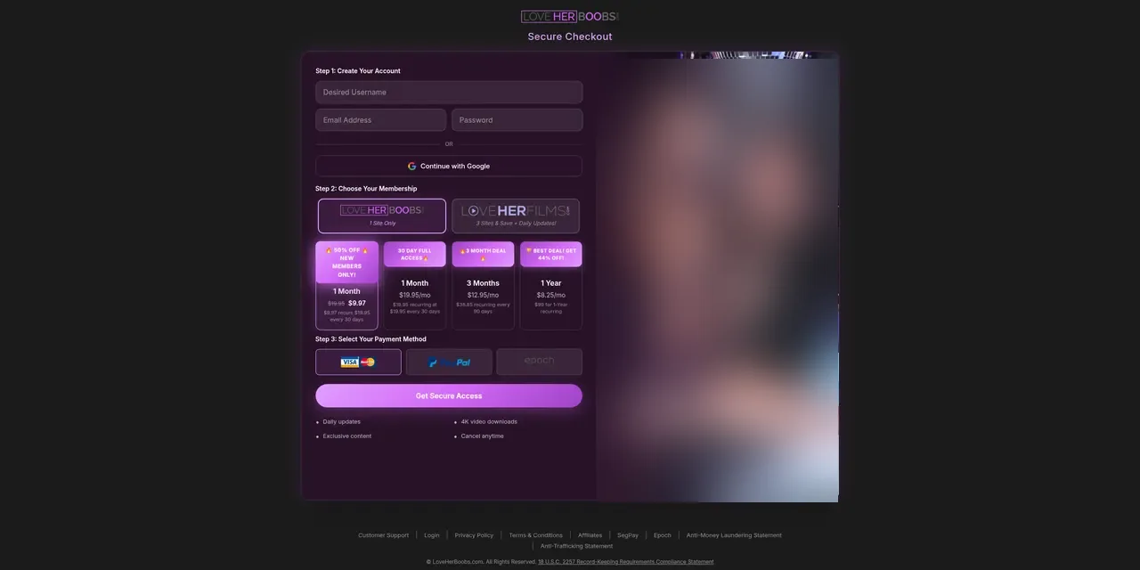 LoveHerBoobs plans for the site alone, 1 Site Only tab