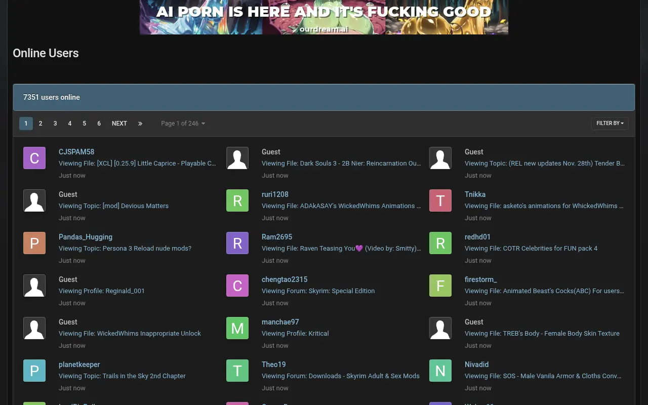 LoversLab online users list, with the page each one is viewing