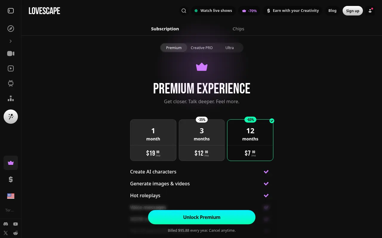 Lovescape, the Premium subscription plans