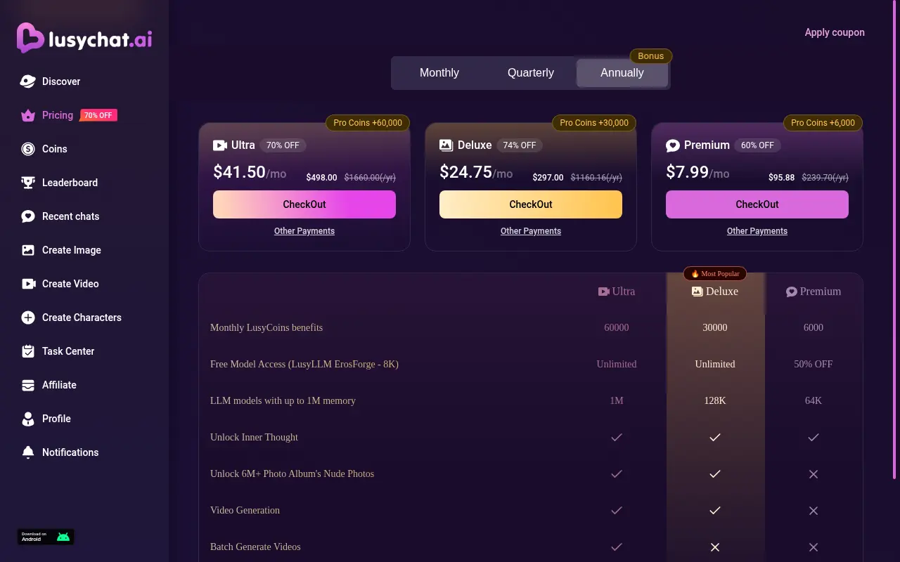 The three LusyChat plans and their monthly coins, shown without an account.