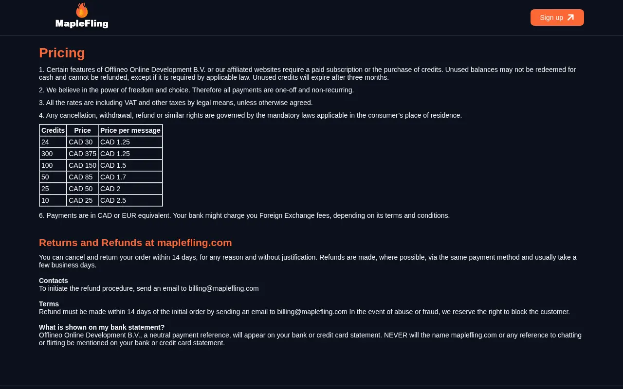MapleFling credit pricing table