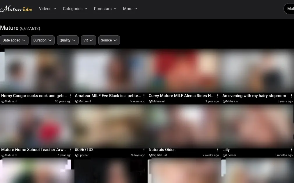 The Mature section and its 6,627,612 entries. Under each thumbnail, the client site it leads to.