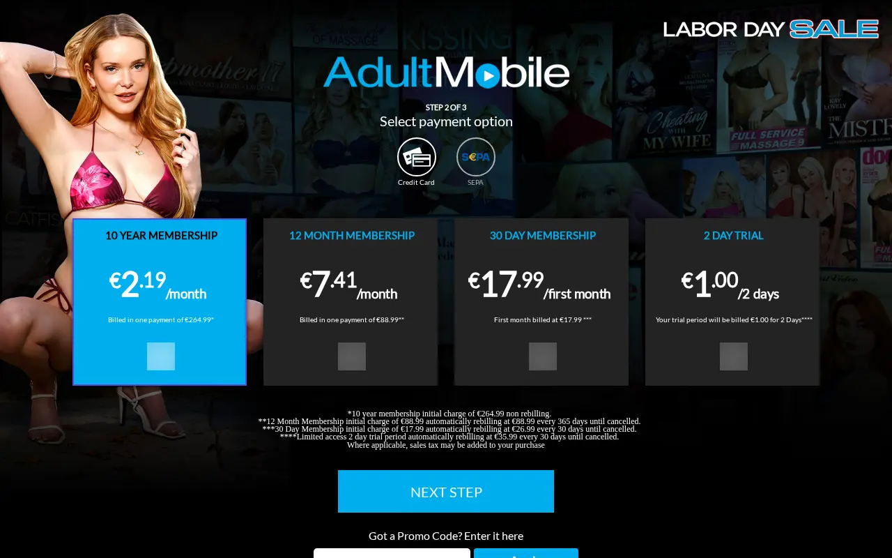 The AdultMobile join page, the name under which Mile High Media sells its network, in euros on 10 September 2026: ten years at 264.99 euros with no renewal, the year at 88.99 euros, the first month at 17.99 euros then 26.99, and the two day trial at 1 euro.