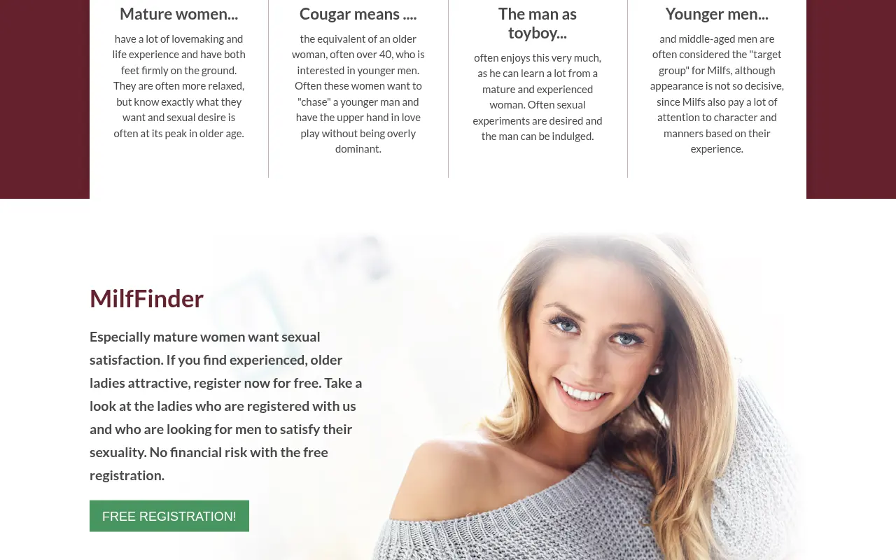 The lower part of the MilfFinder home page, with its categories