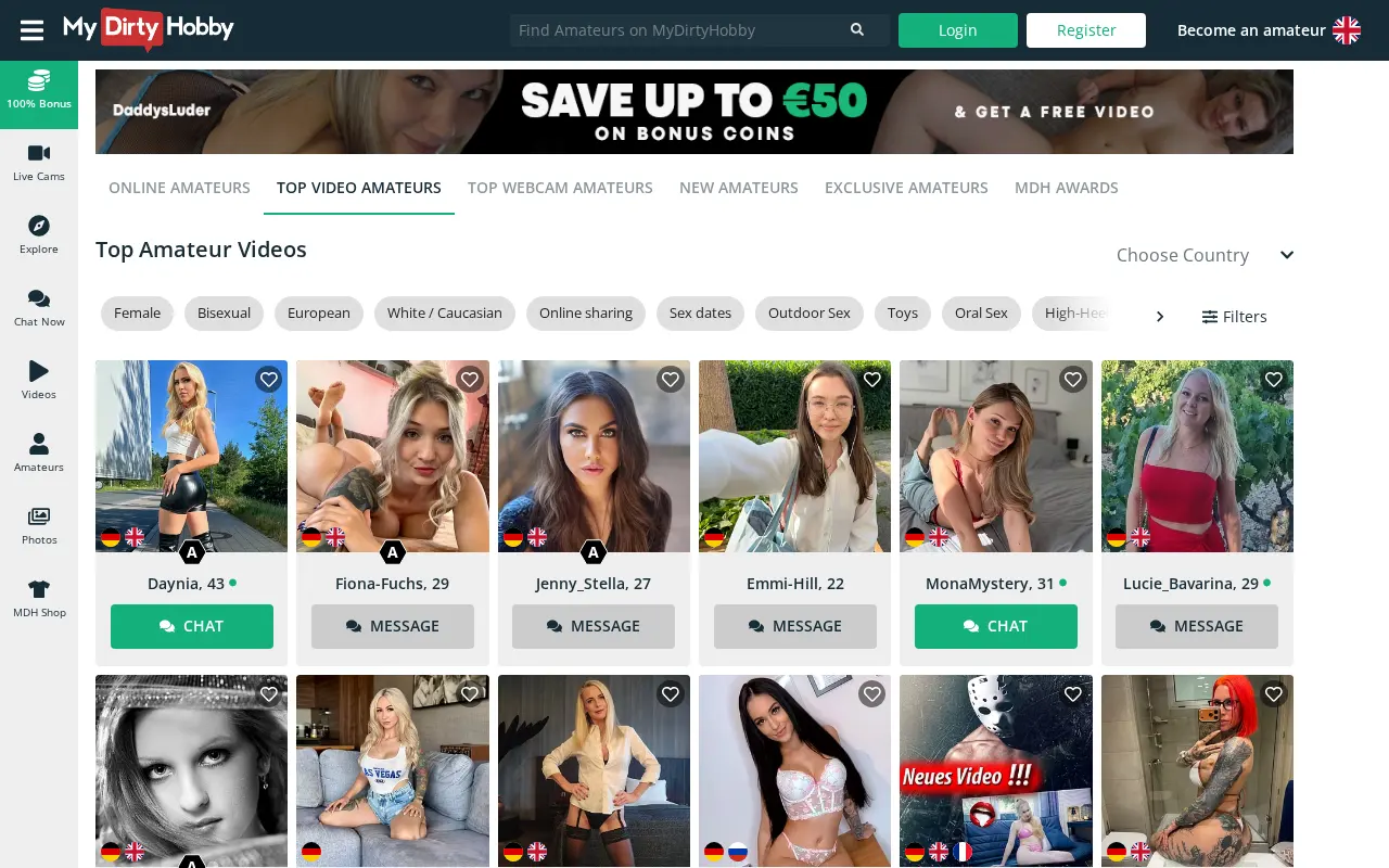 The top amateurs page, open without an account: a flag per language spoken, the age, a green dot for those online, and filters by country and by practice.