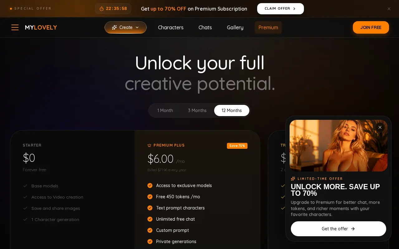 MyLovely.ai's Premium page: free plan, Premium plus, trial and token top-ups