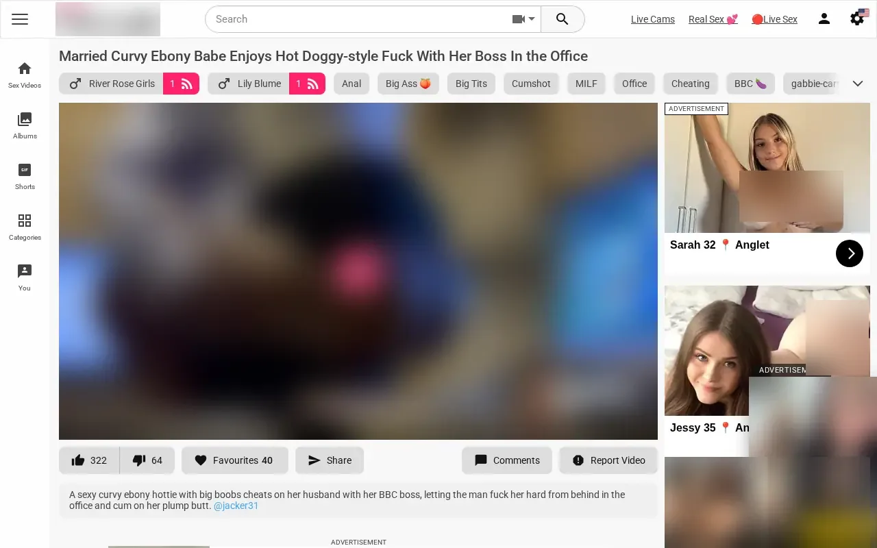The video page presents HD playback, votes, favourites, sharing, comments and related scenes.