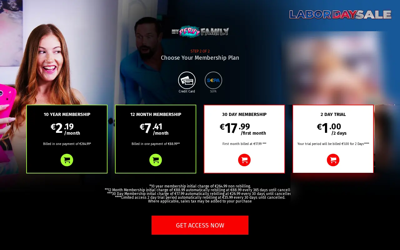 The My Pervy Family join page, in euros on 10 September 2026: ten years at 264.99 euros with no renewal, the year at 88.99 euros, the first month at 17.99 euros then 26.99, and the two day trial at 1 euro, card or SEPA.