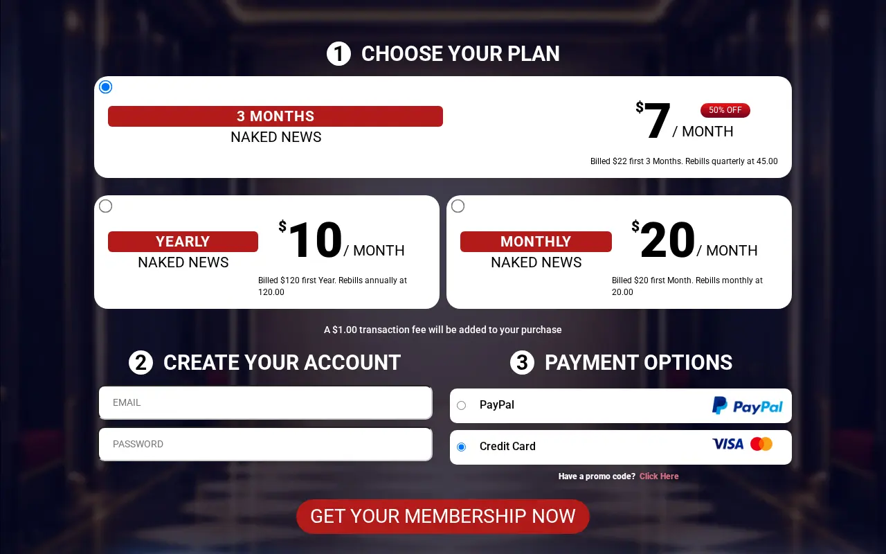 The three plans in dollars, with the renewal amount of each and the transaction fee.