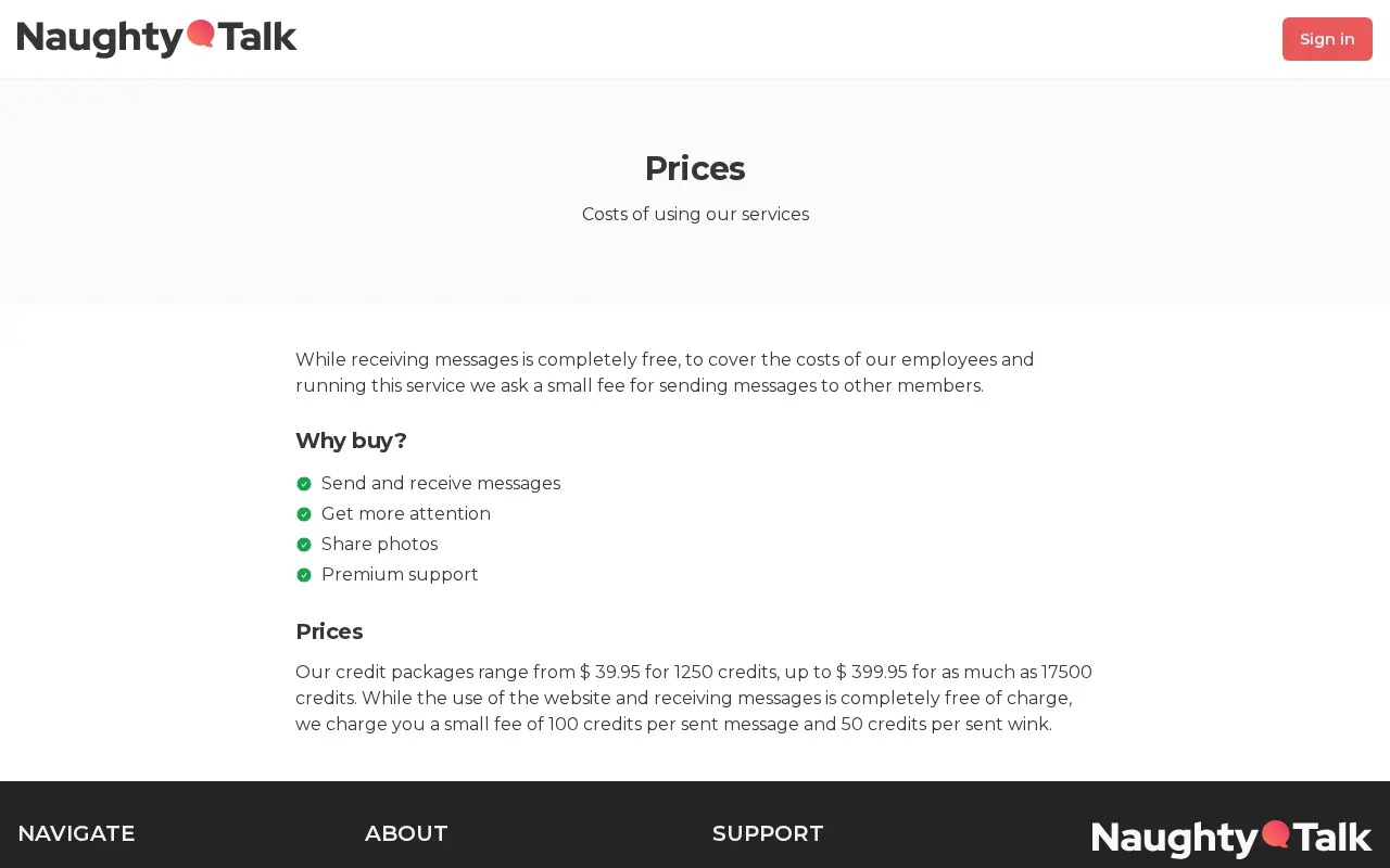 The NaughtyTalk prices page: credit packages from 39.95 to 399.95 dollars, 100 credits per message sent.
