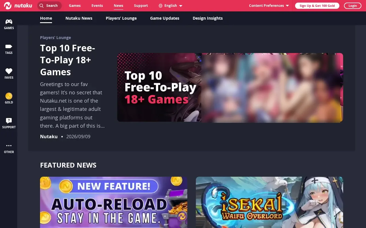Nutaku's News page, open without an account: a ranking of the free games dated 9 September 2026, the announcement of automatic Gold reload and the game updates.