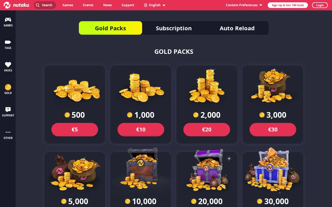 Nutaku Gold packs and recharge subscriptions