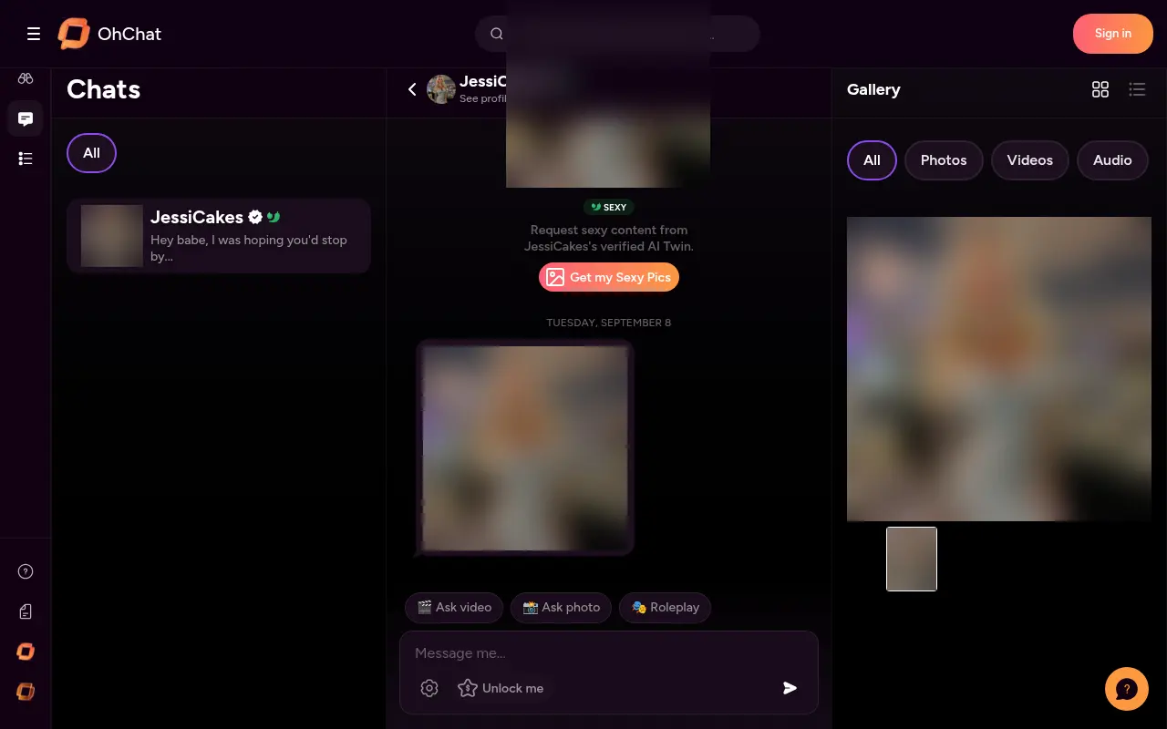The OhChat conversation screen: the chat list, the thread and the character gallery.