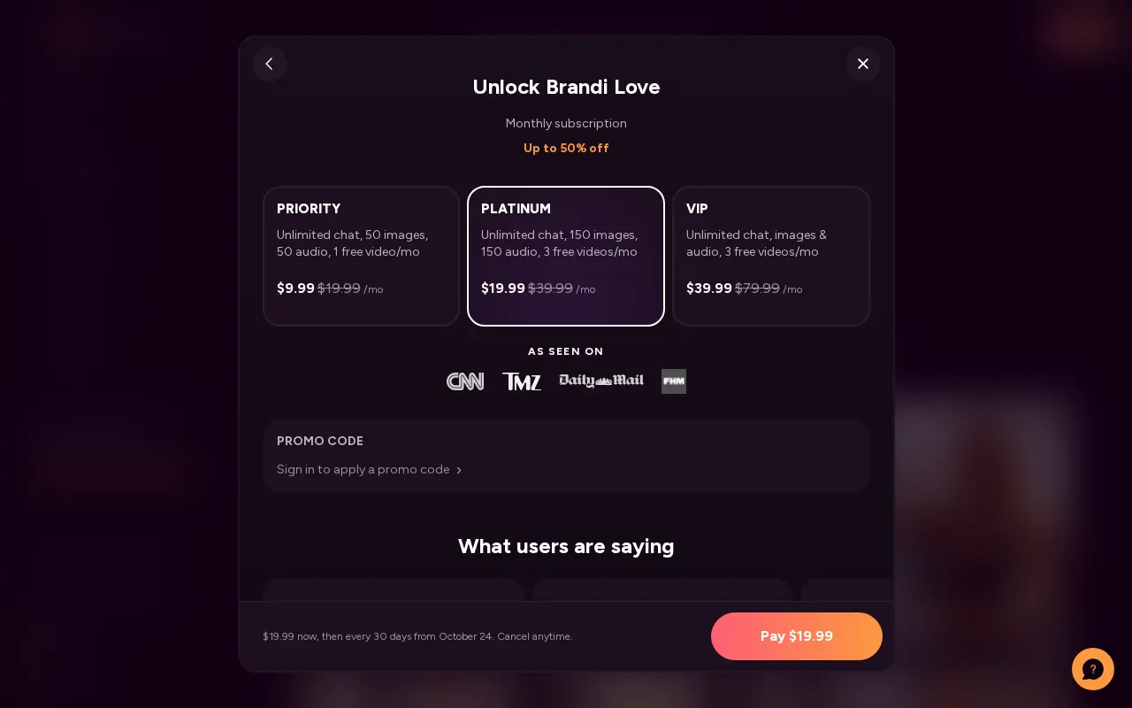 OhChat subscription tiers for one character
