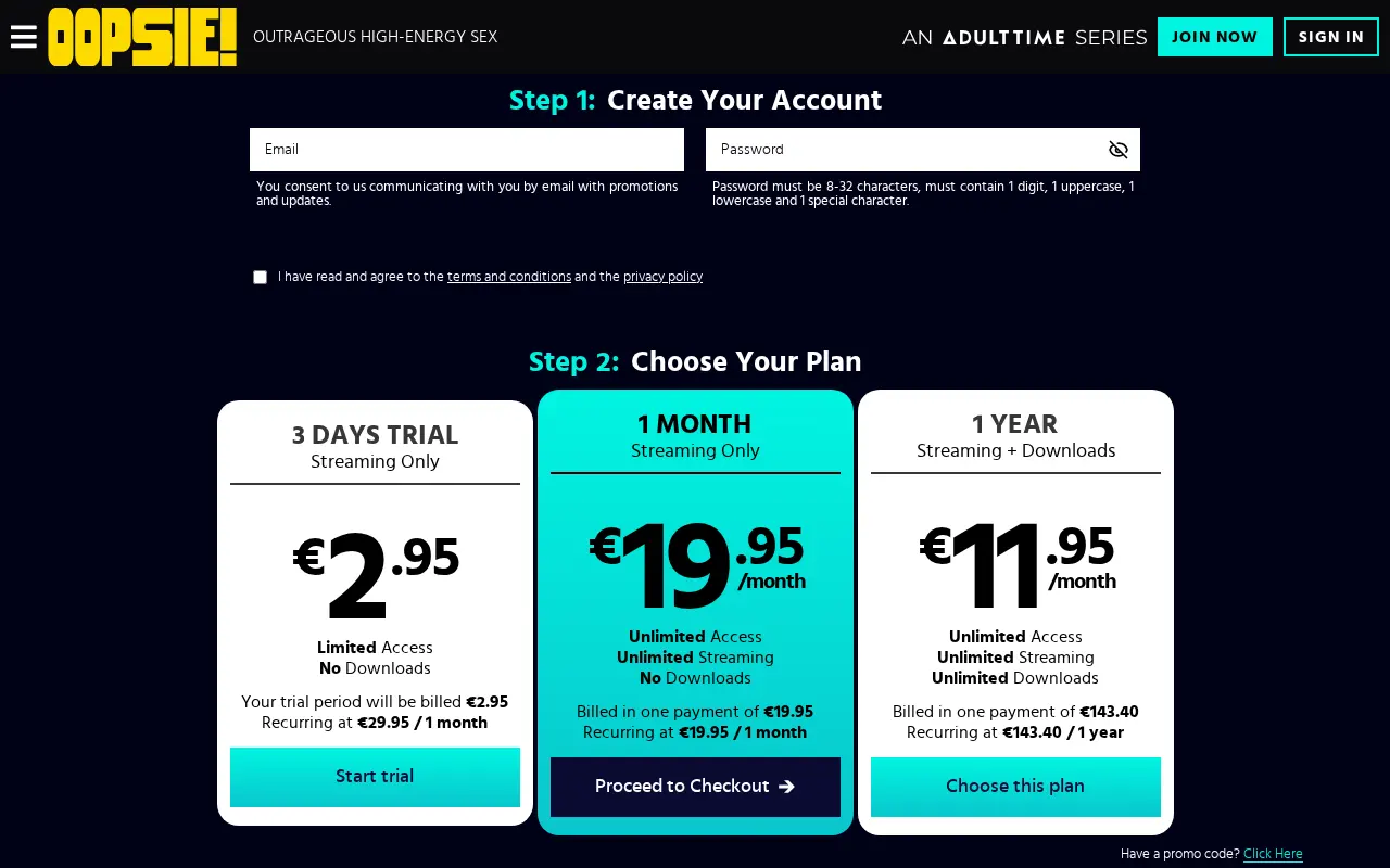 Oopsie membership plans, which open all of Adult Time