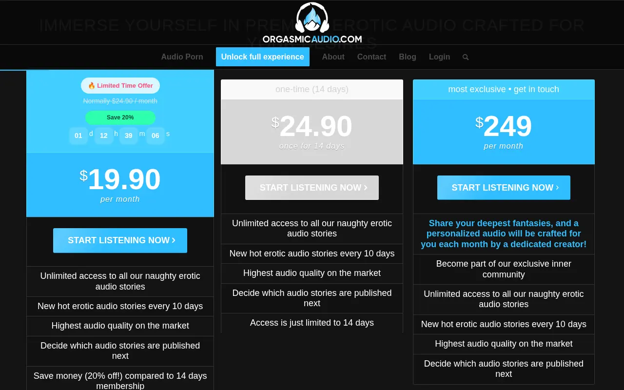 The three Orgasmic Audio membership plans