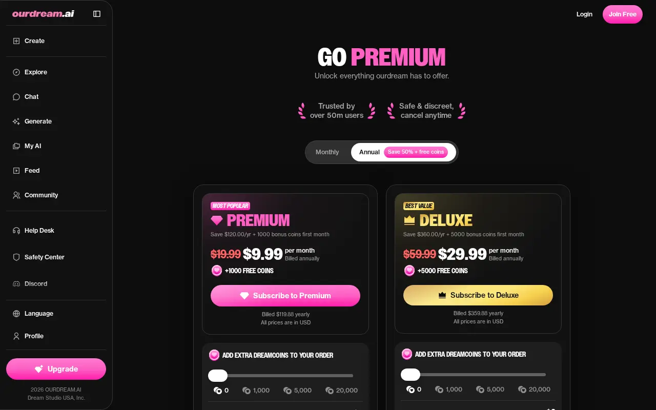 The subscription page gives the monthly and yearly price, the coin allowance and what each plan adds.