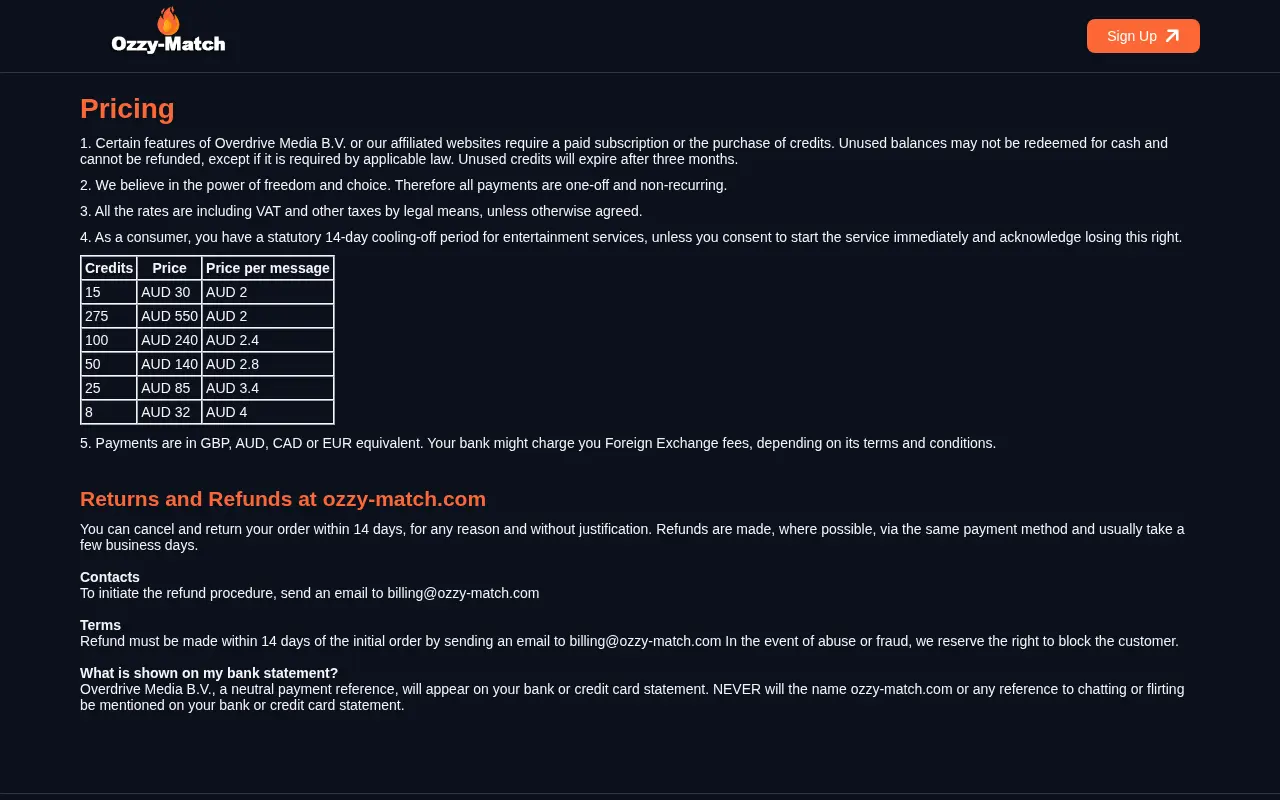 Ozzy-Match credit pricing table
