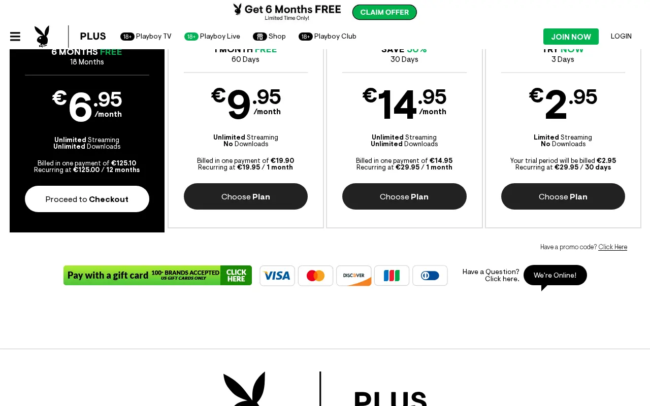 The four plans and their renewals, from the month to eighteen months, with the download detail.