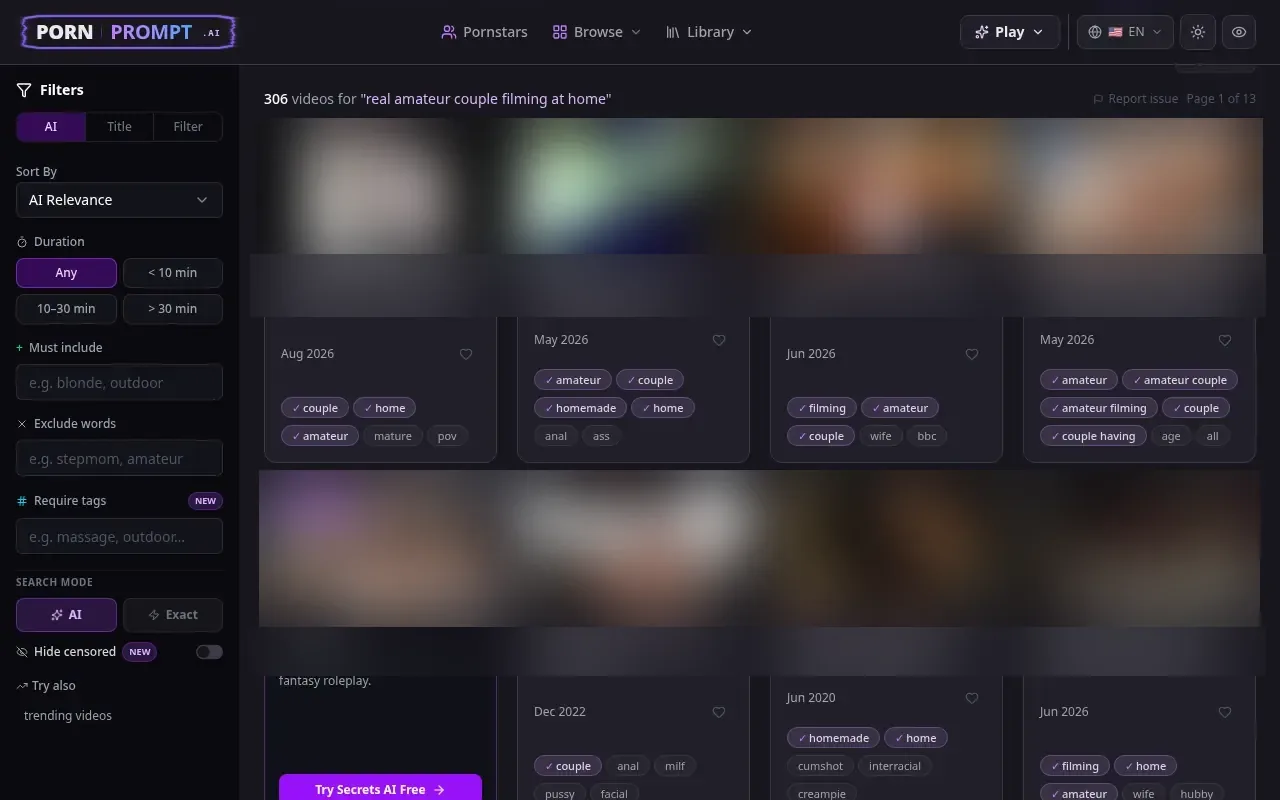 A sentence search on PornPrompt AI, with the words matched in each title