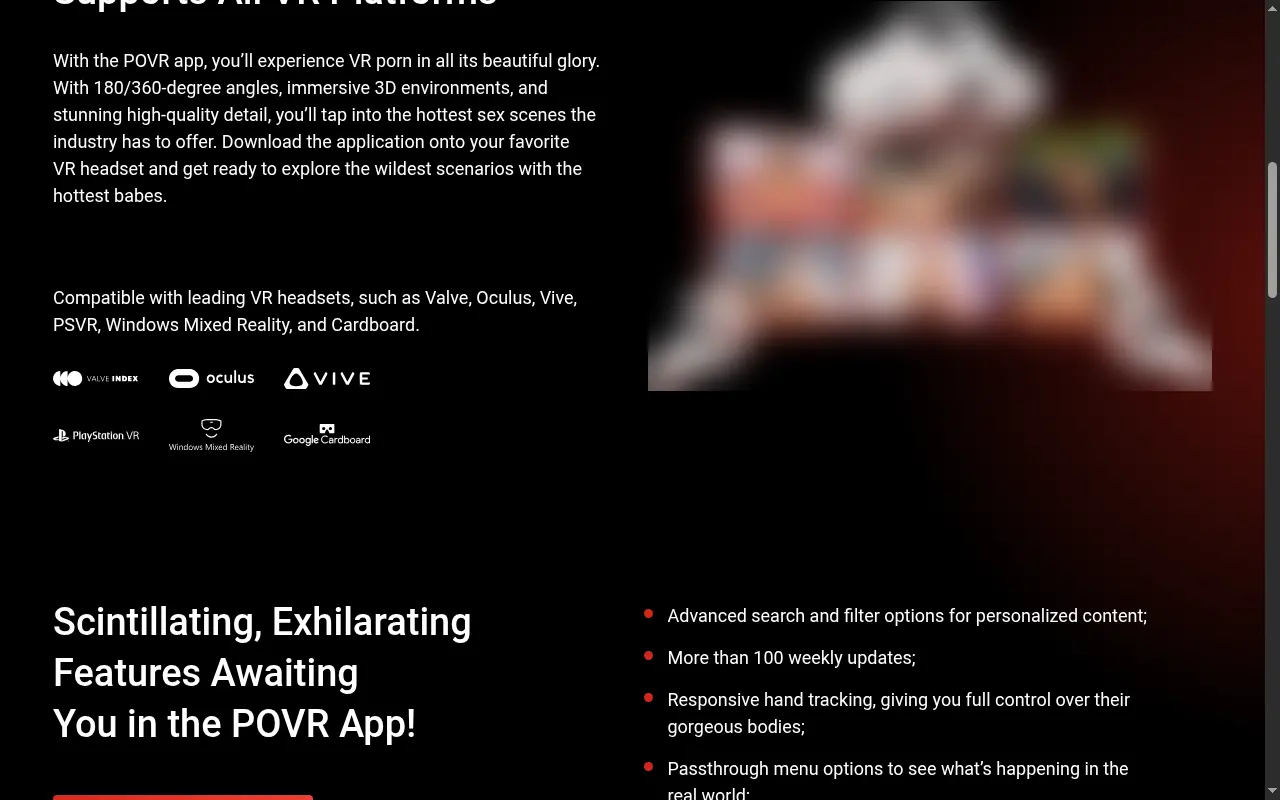 The POVR app presents its compatible headsets along with search and playback tools.
