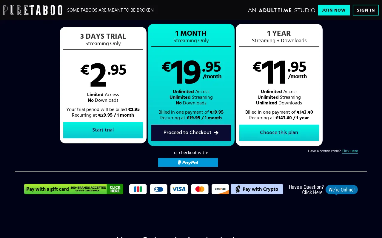 Pure Taboo's three plans and their renewal prices
