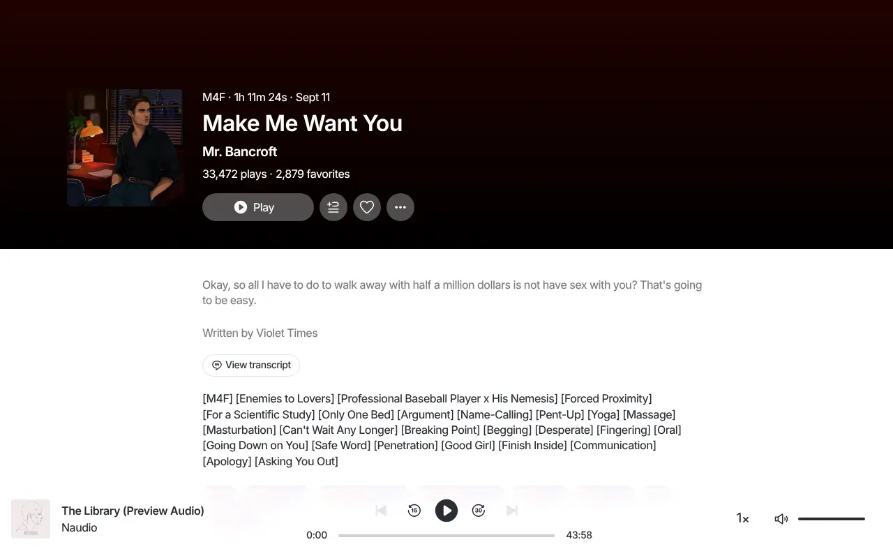 A Quinn audio page with length, plays and tags