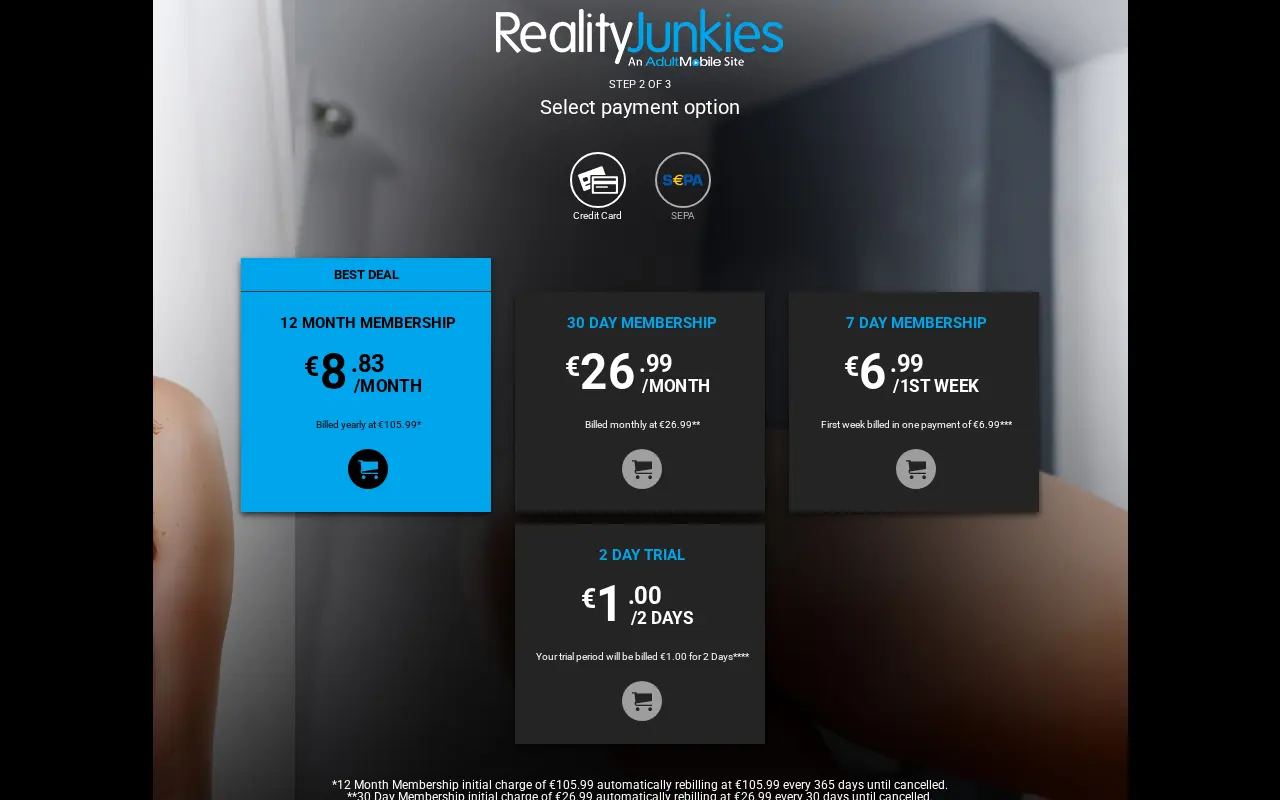 La page d'inscription de Reality Junkies, en euros depuis la France le 10 septembre 2026 : l'année à 105,99 euros, le mois à 26,99 euros, la semaine à 6,99 euros et l'essai de deux jours à 1 euro, ces deux derniers repartant à 35,99 euros, carte ou SEPA.