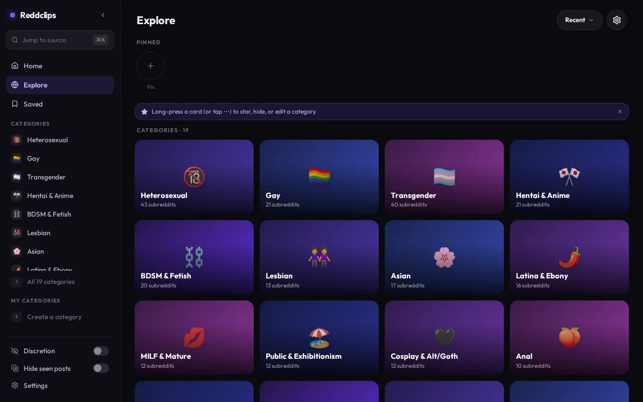 ReddClips categories with their number of subreddits