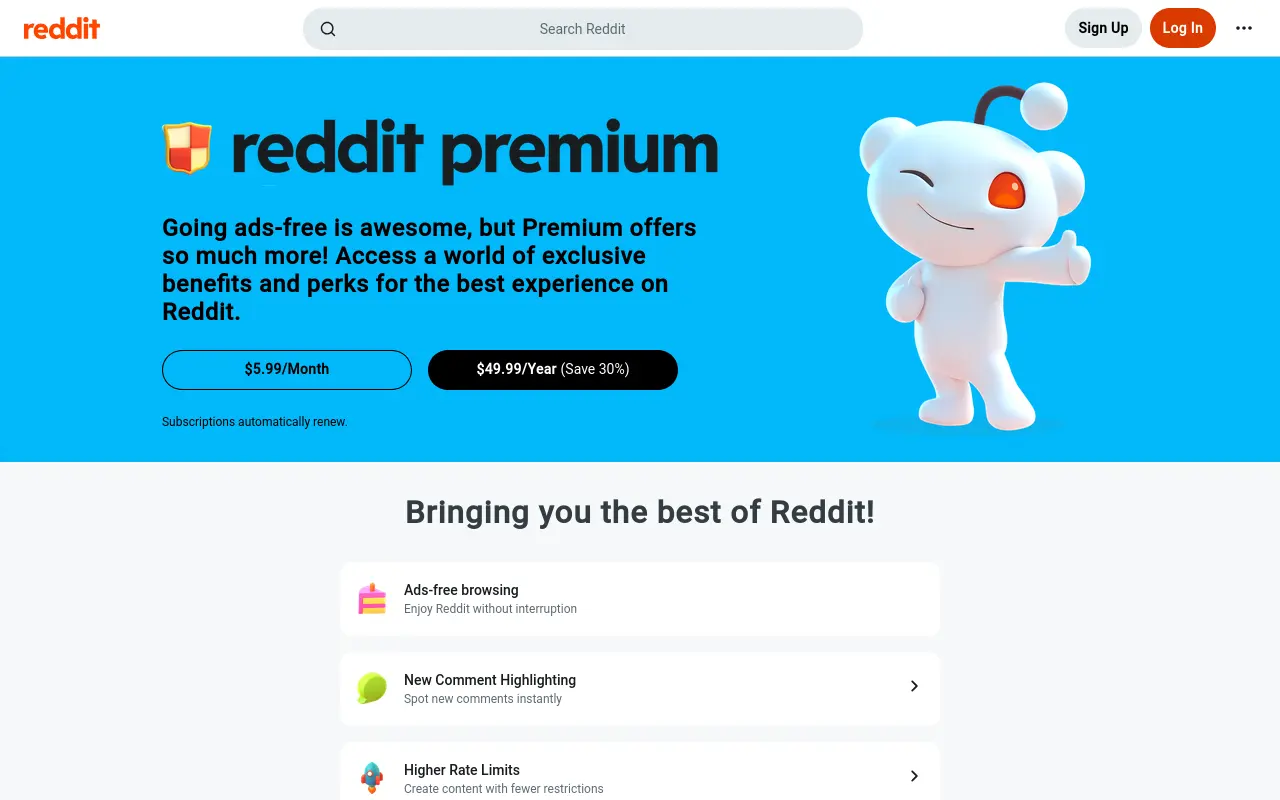 Reddit Premium subscription page