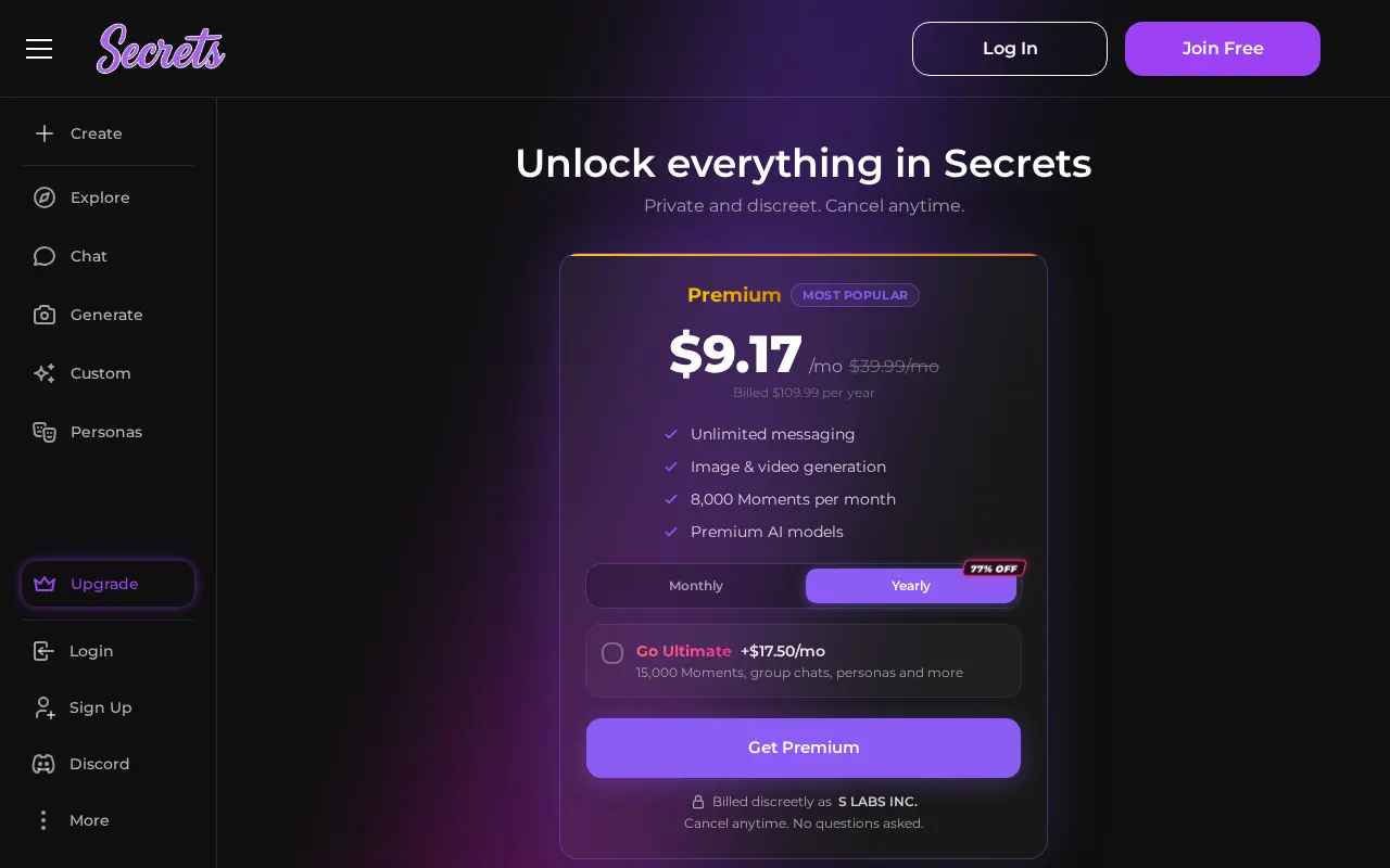 The subscription page gives the price, the monthly allowance and the label that will appear on the bank statement.