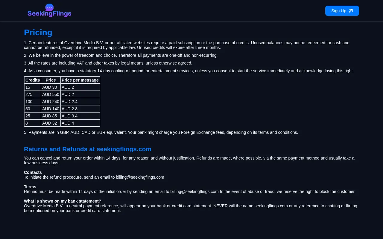SeekingFlings credit pricing table