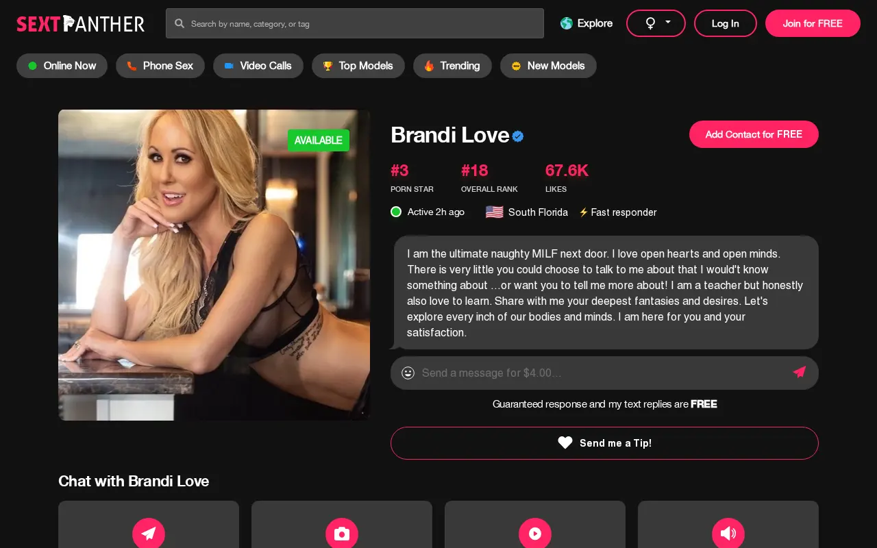 A SextPanther creator's price list for texts, photos, calls and video chat