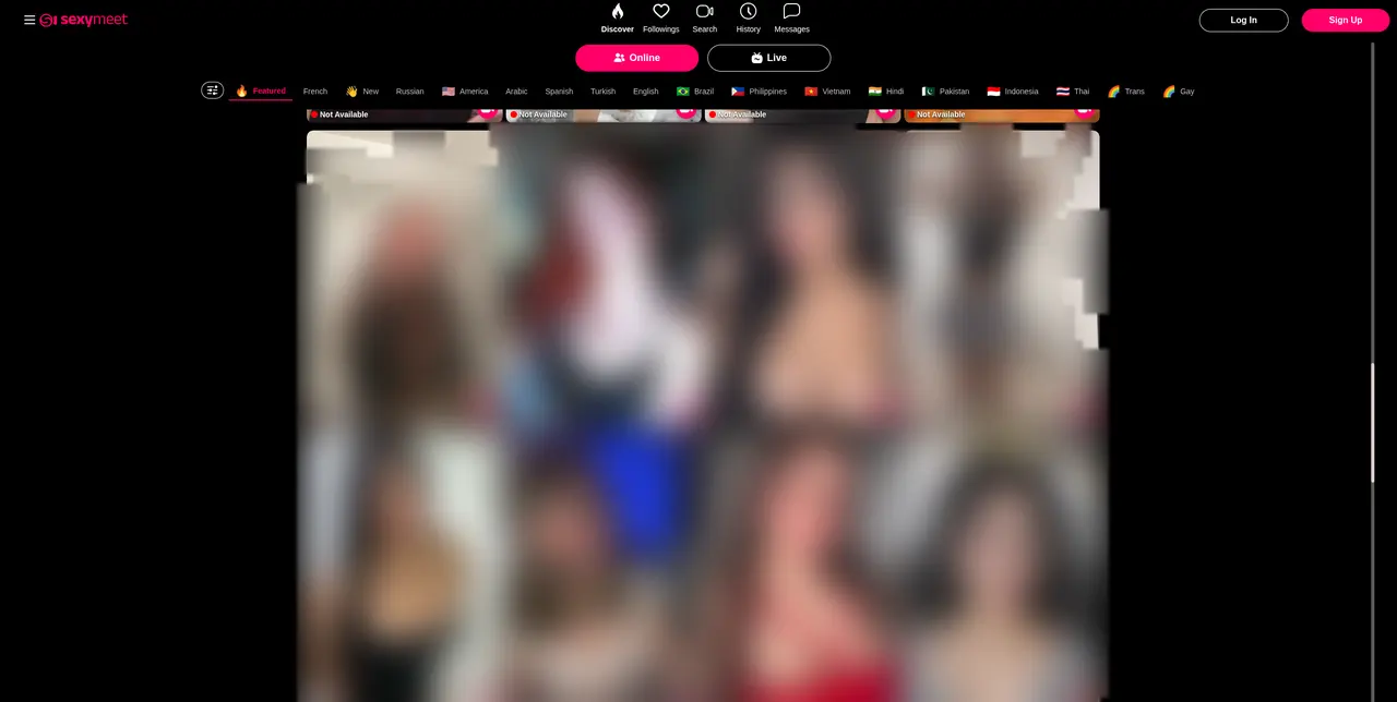 The Online and Live tabs, and the row of filters by language and country that structures the whole catalogue.