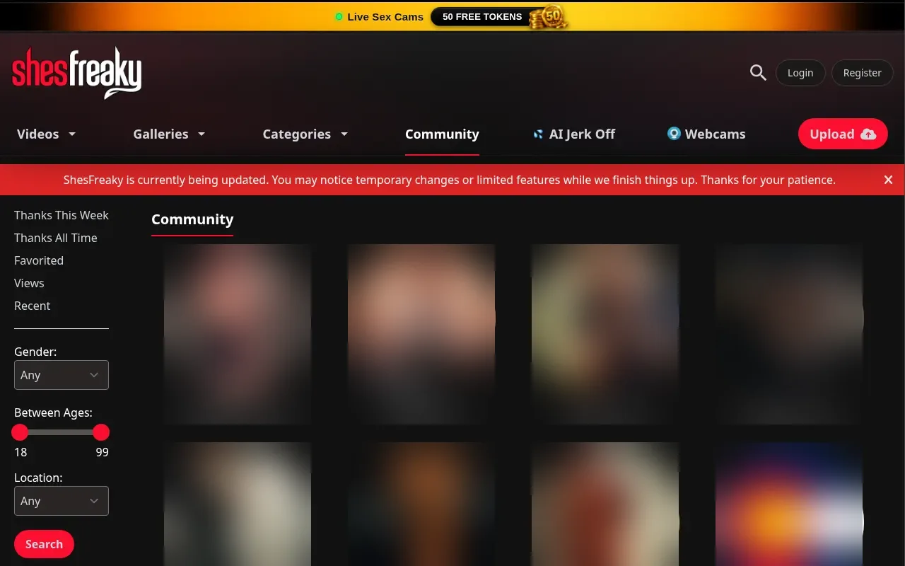 ShesFreaky Community page and member ranking