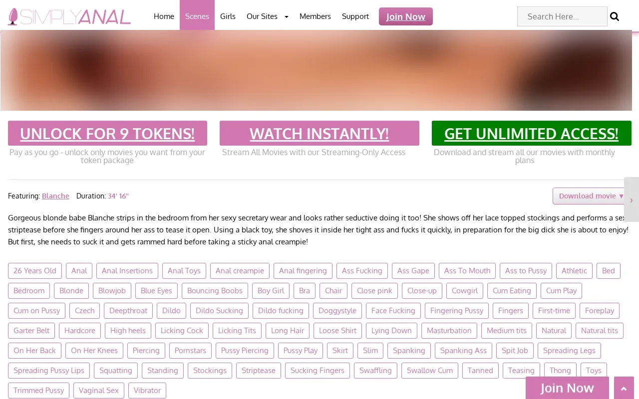SimplyAnal scene page, token unlock and downloads up to 4K