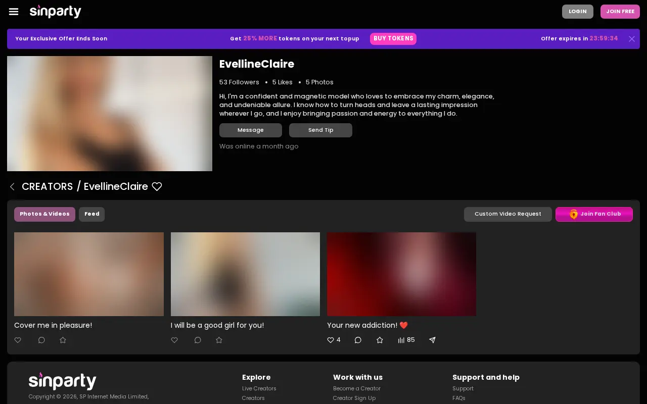 A creator's page: the site's subscription layer, with the fan club, the custom video request and the tip button, under the countdown offer bar.