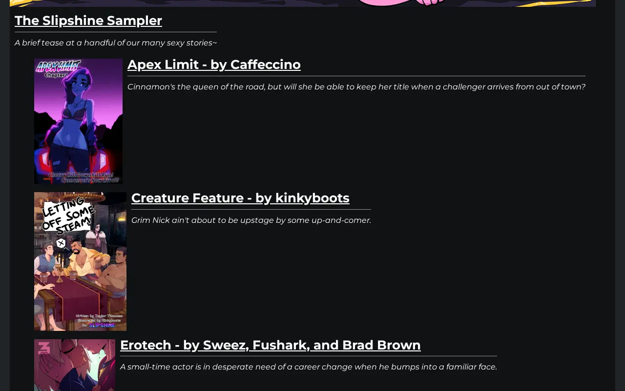 Slipshine's free sampler, one series per entry