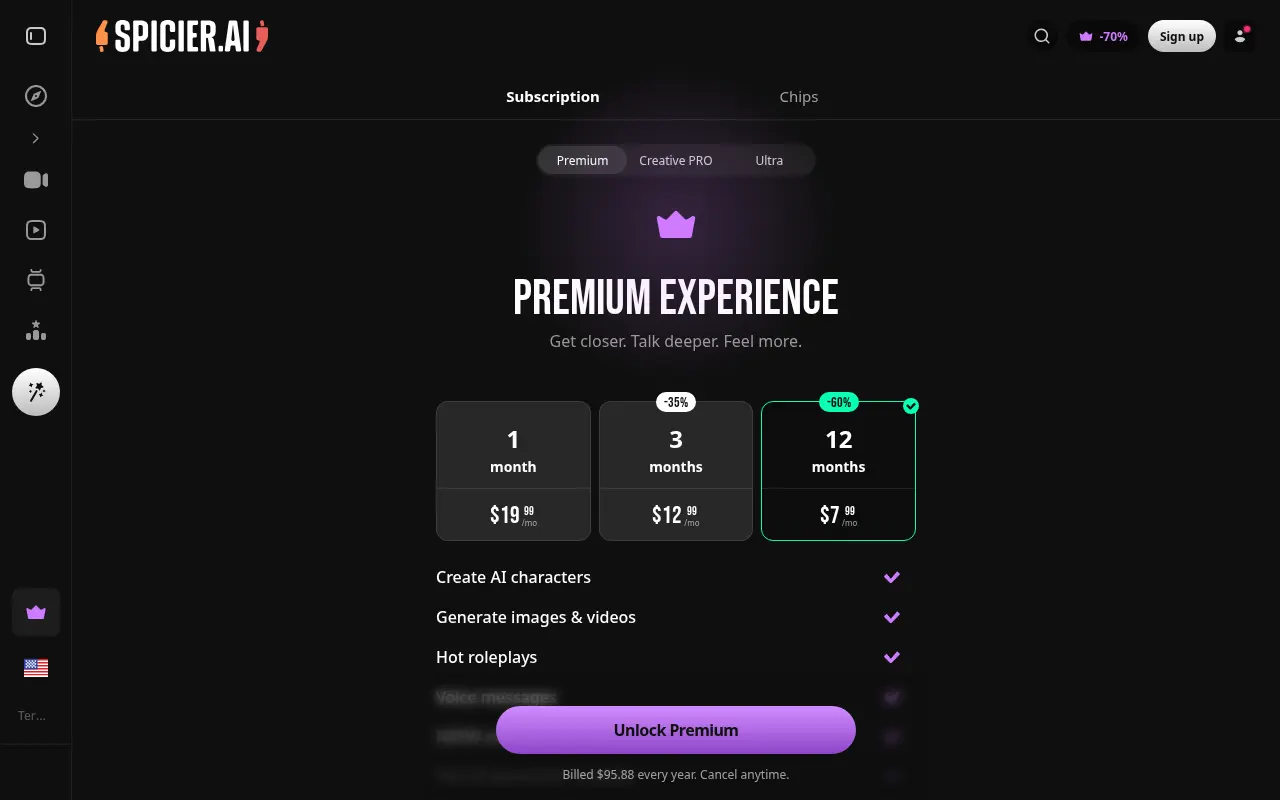 Spicier AI Premium subscription grid