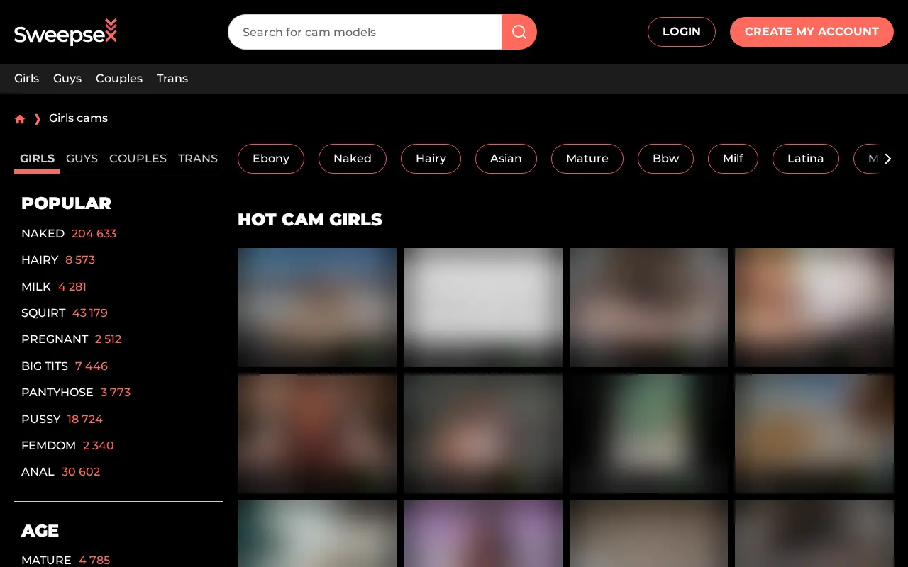 The grid of models online: this is the catalogue of the network Sweepsex is a white label of, with its filters and its counters by tag.